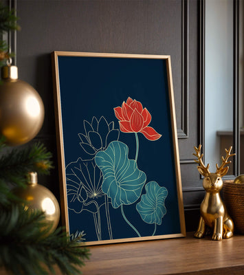 Elegant Floral Illustration with Vibrant Lotus and Gold Outlines on Dark Background
