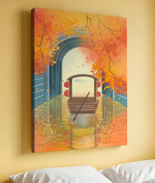 Serene autumn scene with archway and wooden boat