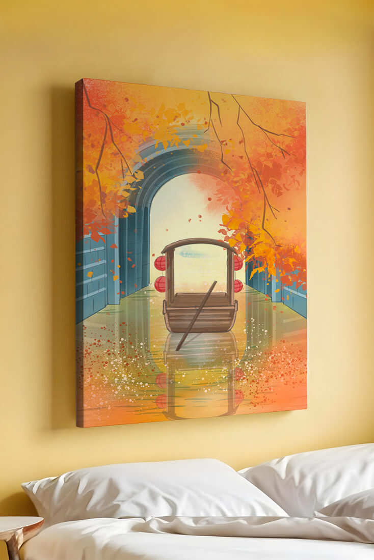 Serene autumn scene with archway and wooden boat