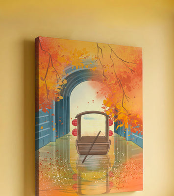 Serene autumn scene with archway and wooden boat