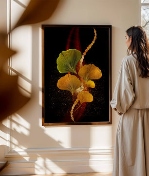 Art abstrait floral avec des feuilles de gingko dorées et un fond sombre