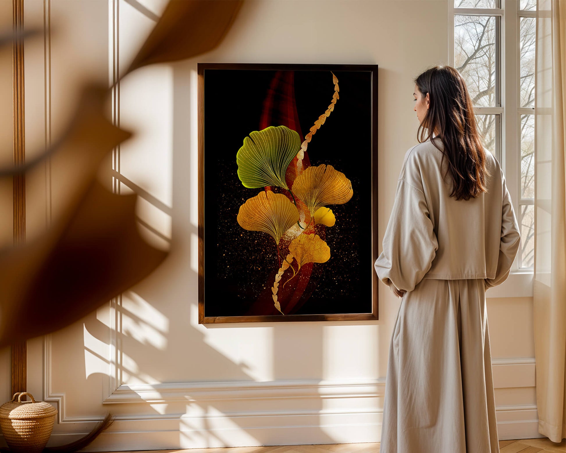 Art abstrait floral avec des feuilles de gingko dorées et un fond sombre