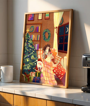 Cozy Christmas scene with tree, gifts, and a child by the window