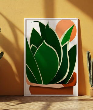 Ilustración contemporánea de una planta serpiente con fondo de amanecer