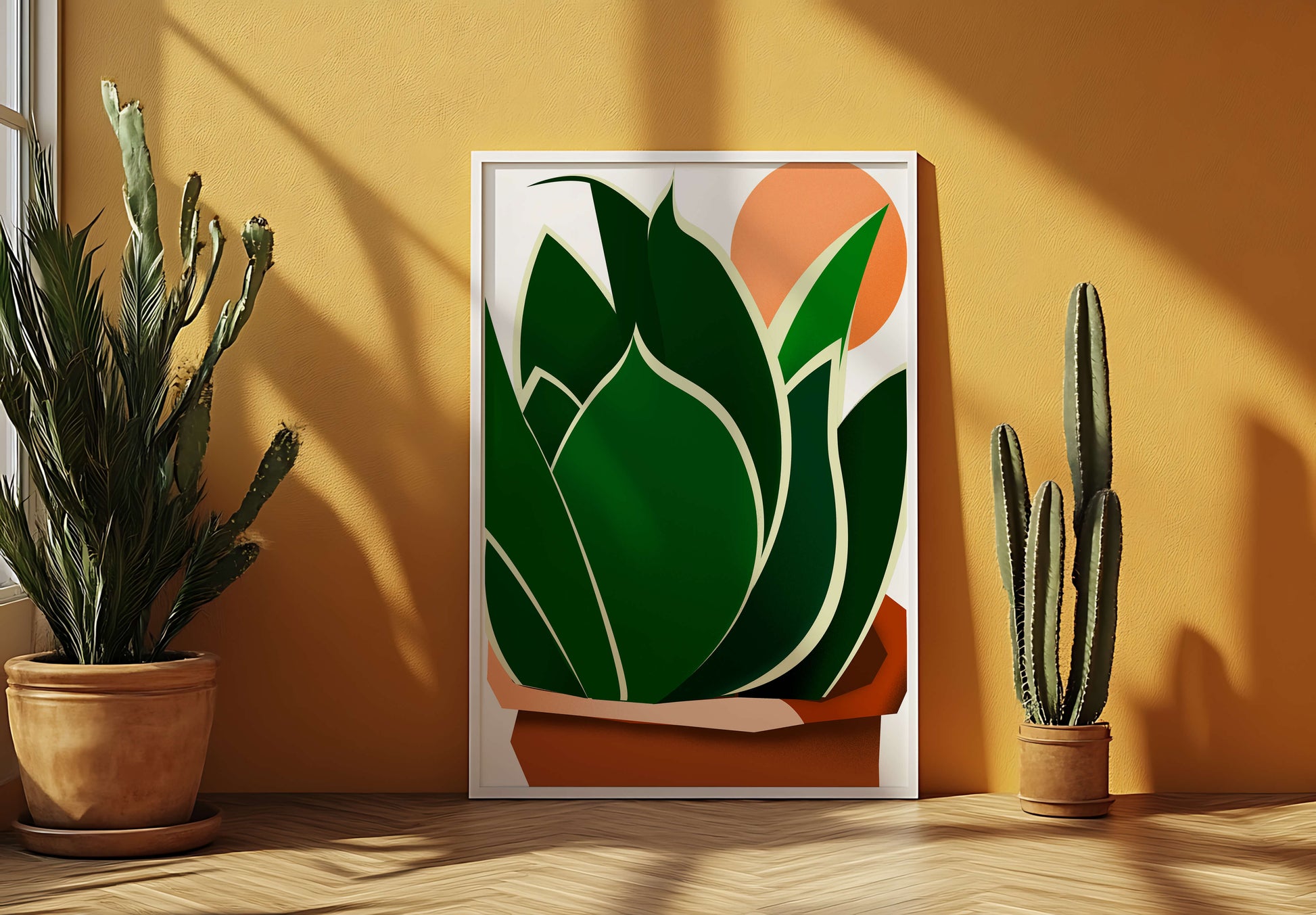Ilustración contemporánea de una planta serpiente con fondo de amanecer