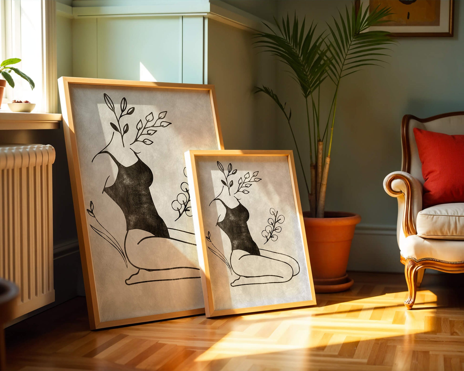 Mujer abstracta con elementos botánicos en estilo minimalista
