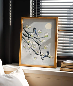 Magpies on Blooming Branches under Full Moon