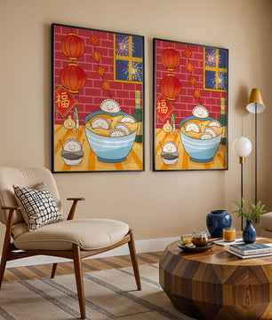 Festive Dumpling Illustration with Lanterns and Fireworks - Mi tienda