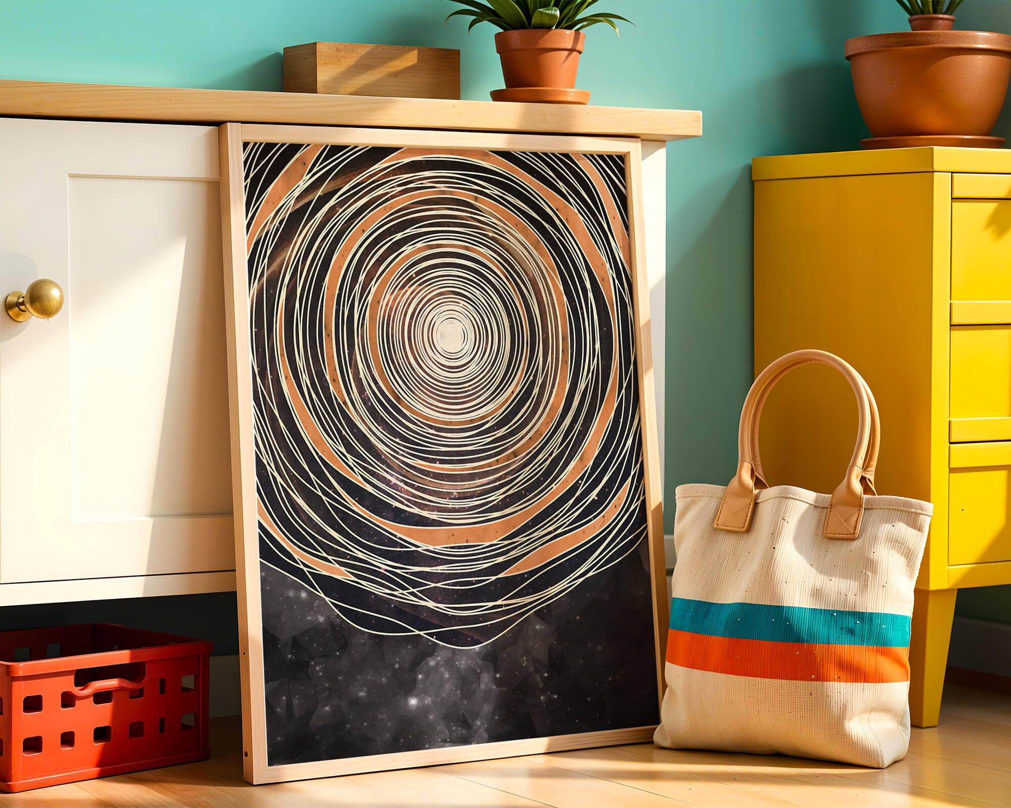 Abstract cosmic spiral with concentric oval patterns and starry background