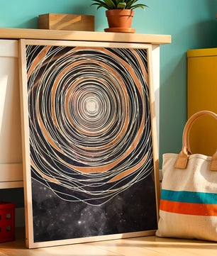 Espiral cósmica abstracta con patrones ovalados concéntricos y fondo estrellado