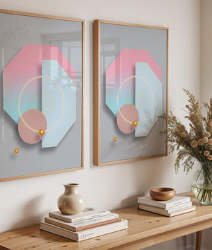 An abstract geometric art piece with pastel tones and golden accents