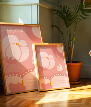 Springtime illustration with flowers and bird on pink background