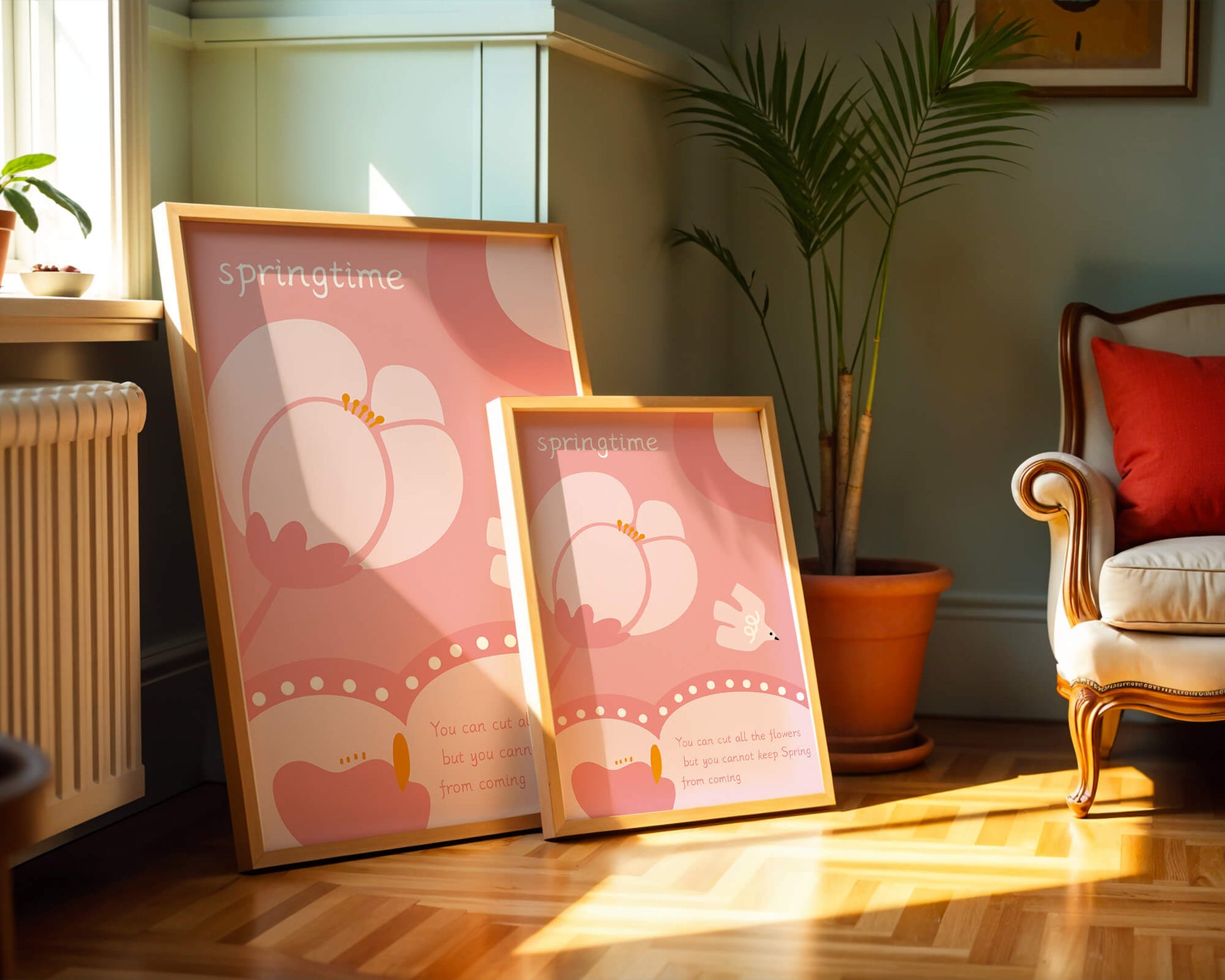 Springtime illustration with flowers and bird on pink background