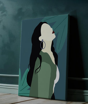 Stylized artwork of a woman with dark hair and earrings against a tropical leaf backdrop