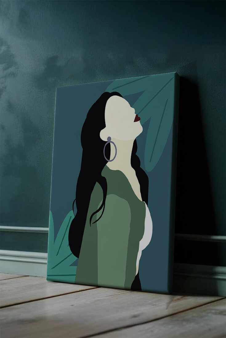 Stylized artwork of a woman with dark hair and earrings against a tropical leaf backdrop