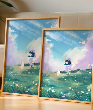 A Little Girl in a Purple Dress and Hat with a White Rabbit in a Flower Field Under a Blue Sky