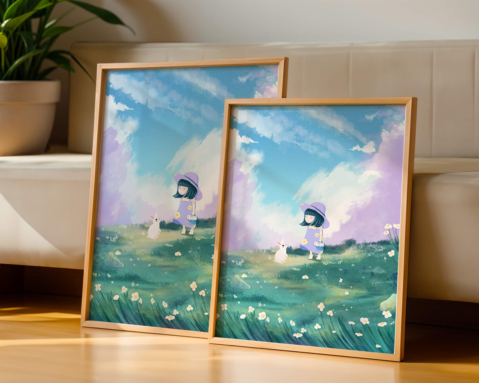 A Little Girl in a Purple Dress and Hat with a White Rabbit in a Flower Field Under a Blue Sky