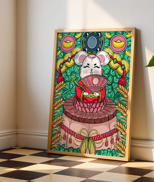 Ratón decorativo encantador con elementos asiáticos y monedas sobre un fondo vibrante