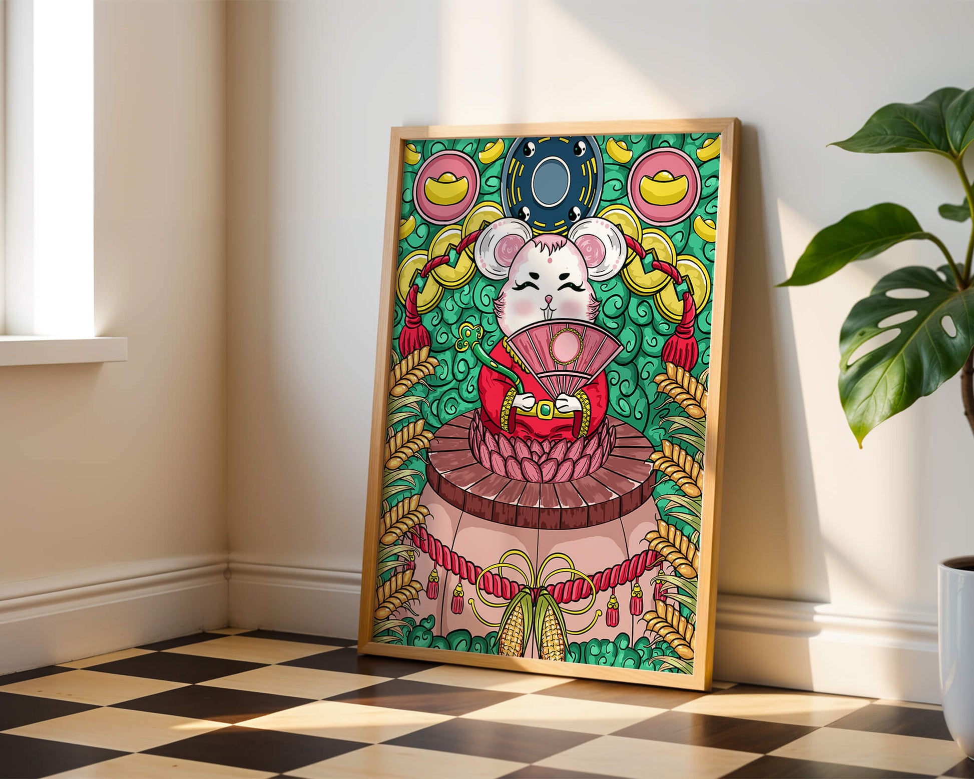 Encantador ratón decorativo con elementos asiáticos y monedas sobre un fondo vibrante.