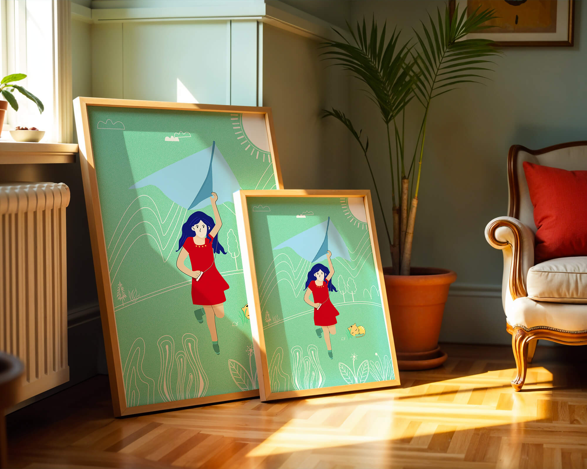 Illustration of a girl with a kite in a whimsical landscape