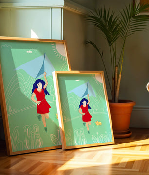 Illustration d'une fille avec un cerf-volant dans un paysage fantaisiste