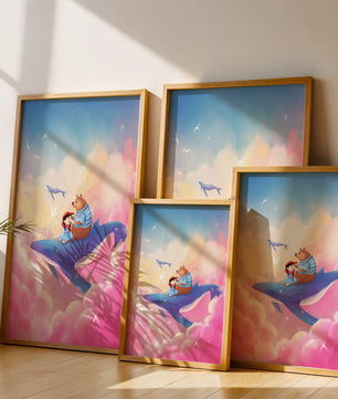 Fantasy illustration of girl and bear riding a whale through colorful clouds