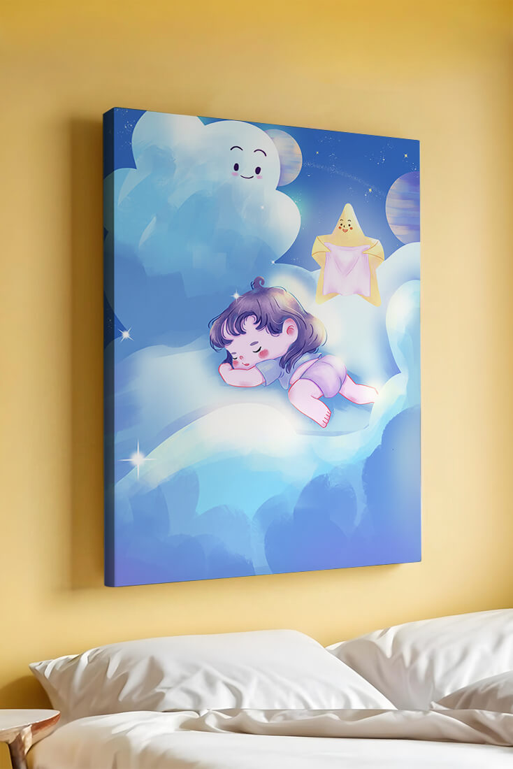Dreamy illustration of sleeping child on clouds with smiling cloud and star