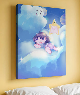 Dreamy illustration of sleeping child on clouds with smiling cloud and star