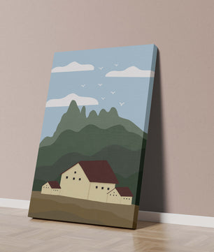 Paisaje minimalista de montaña con casas y pájaros en el cielo