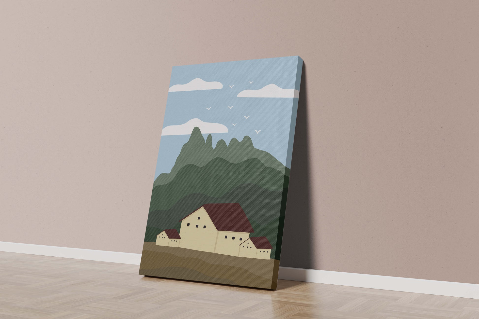 Paisaje minimalista de montaña con casas y pájaros en el cielo