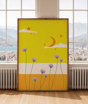 Illustrative landscape with crescent moon, stars, and flowers