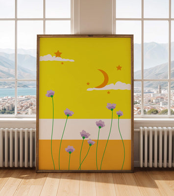 Illustrative landscape with crescent moon, stars, and flowers