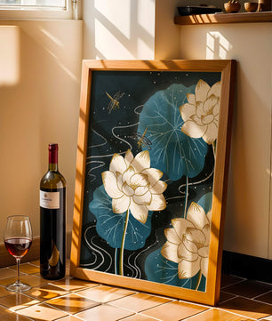 Elegant lotus flowers with dragonflies on a starry night background