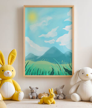 Sunny Day Overlooking a Mountain Landscape with Rolling Hills and Blue Sky