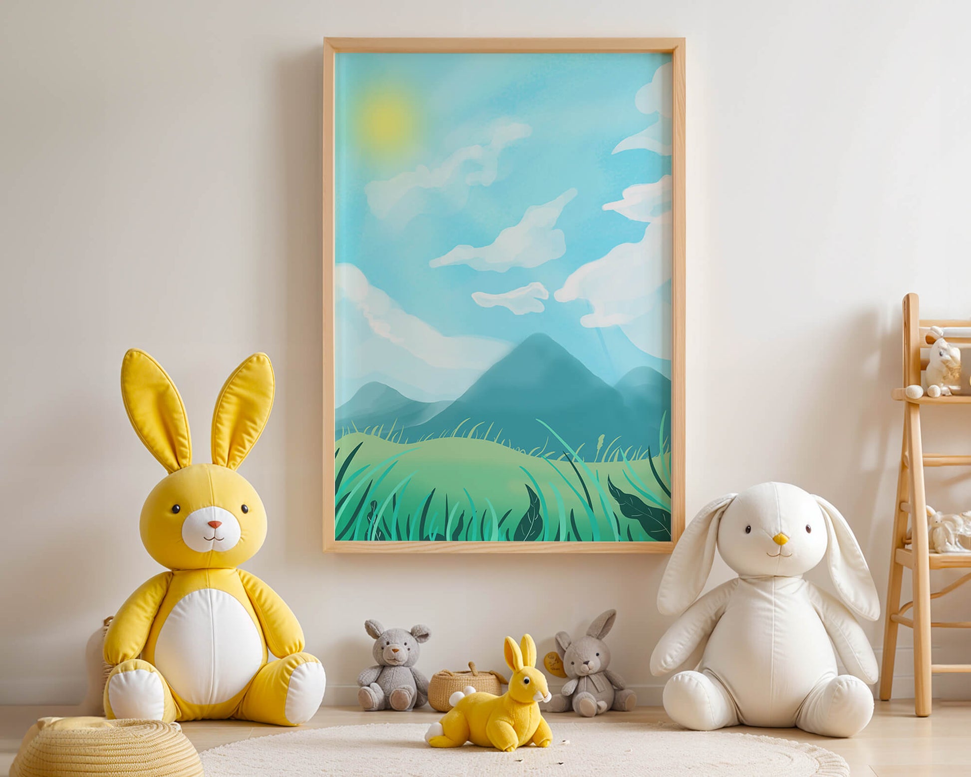 Sunny Day Overlooking a Mountain Landscape with Rolling Hills and Blue Sky