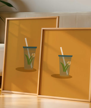 Illustration of a Drink with Botanical Element and Straw on Orange Background - Mi tienda