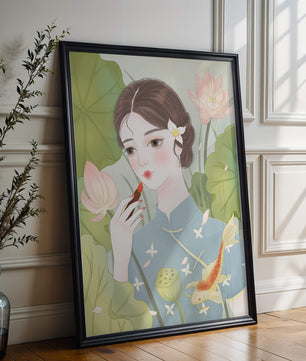 Elegant Woman in Traditional Dress with Lotus and Koi Fish - Mi tienda