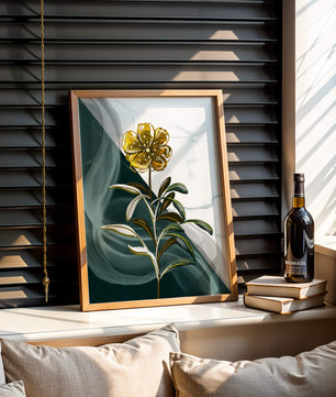Abstract floral design featuring a golden flower with textured leaves