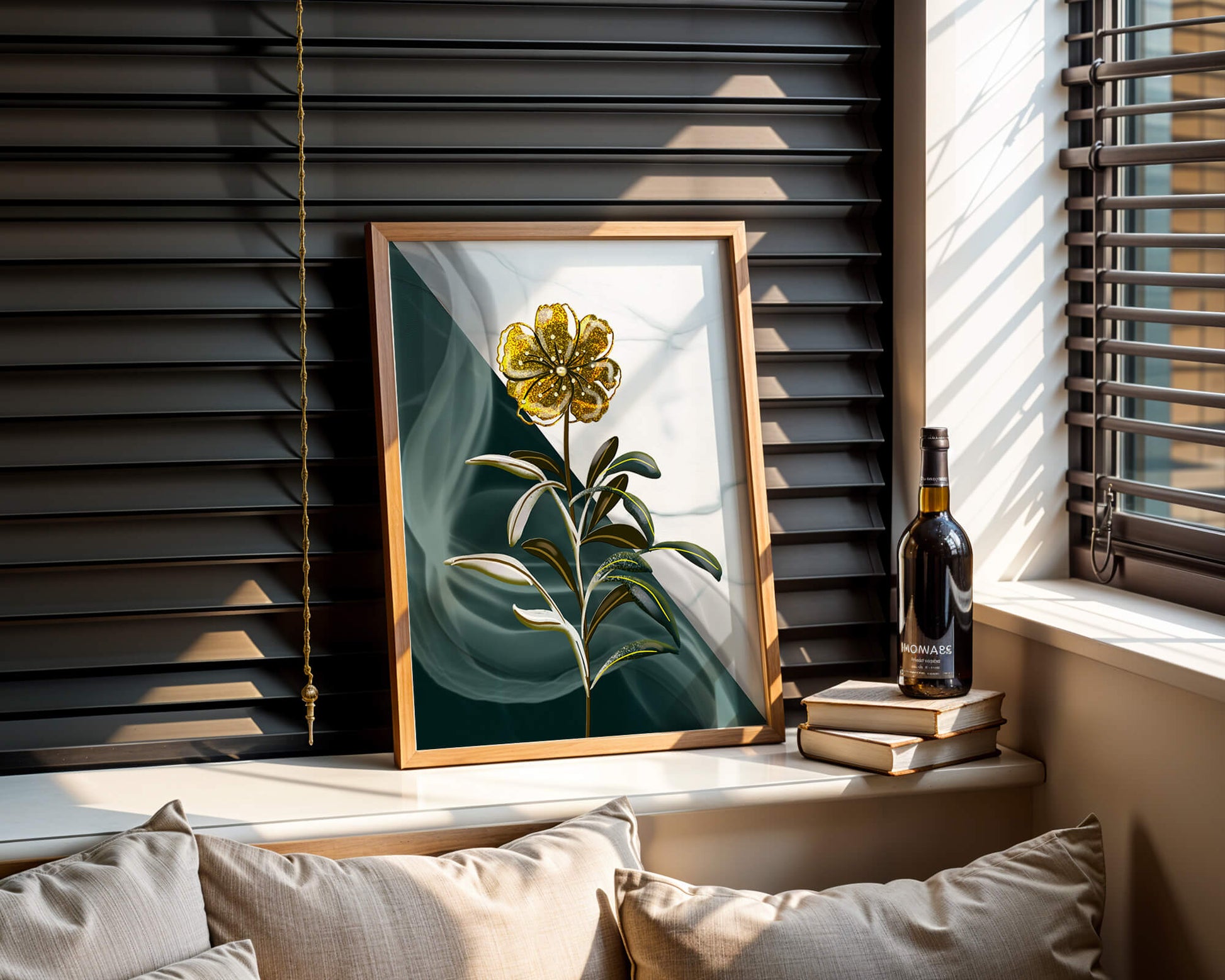 Abstract floral design featuring a golden flower with textured leaves