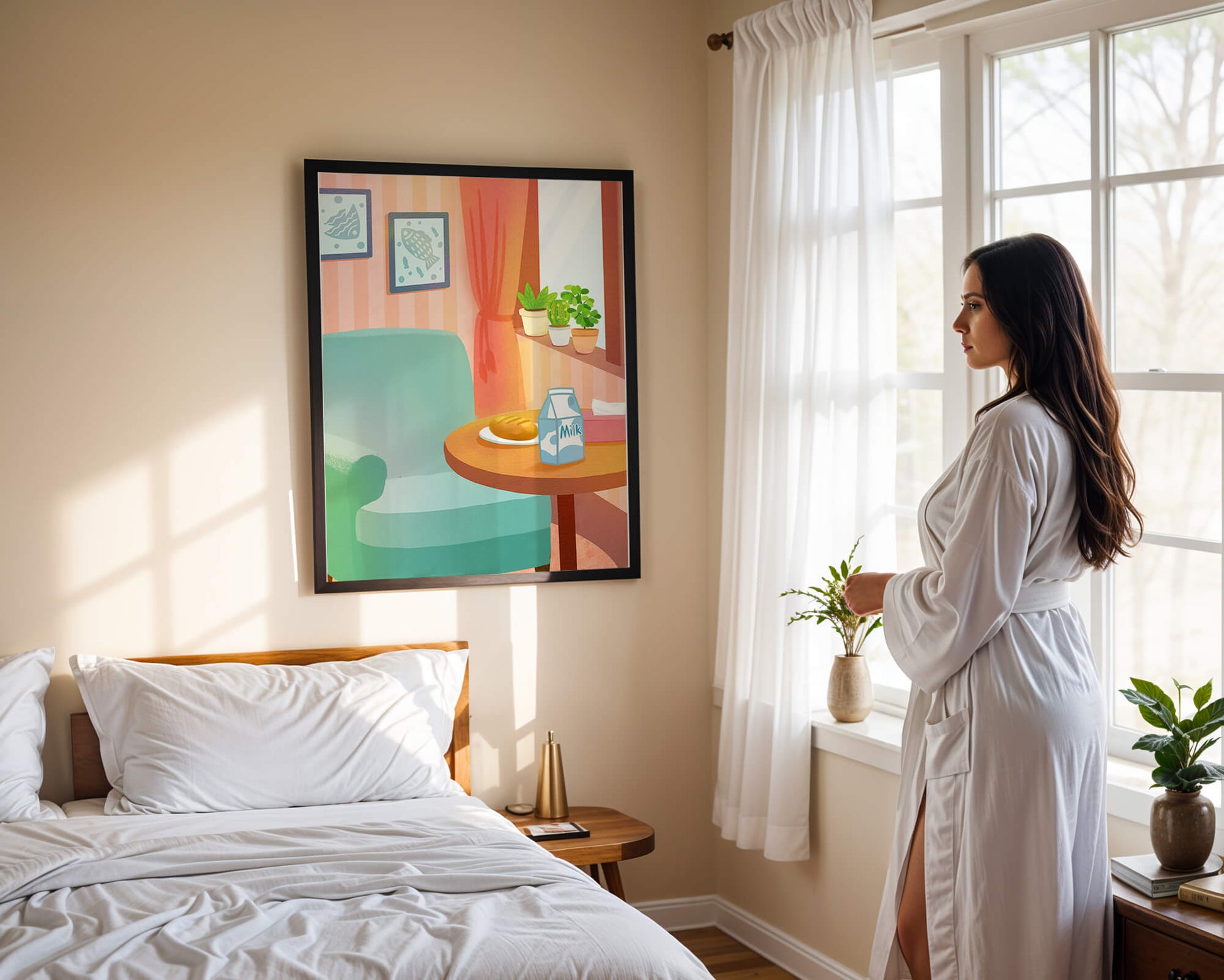 Sala de estar acogedora con mesa y cartón de leche