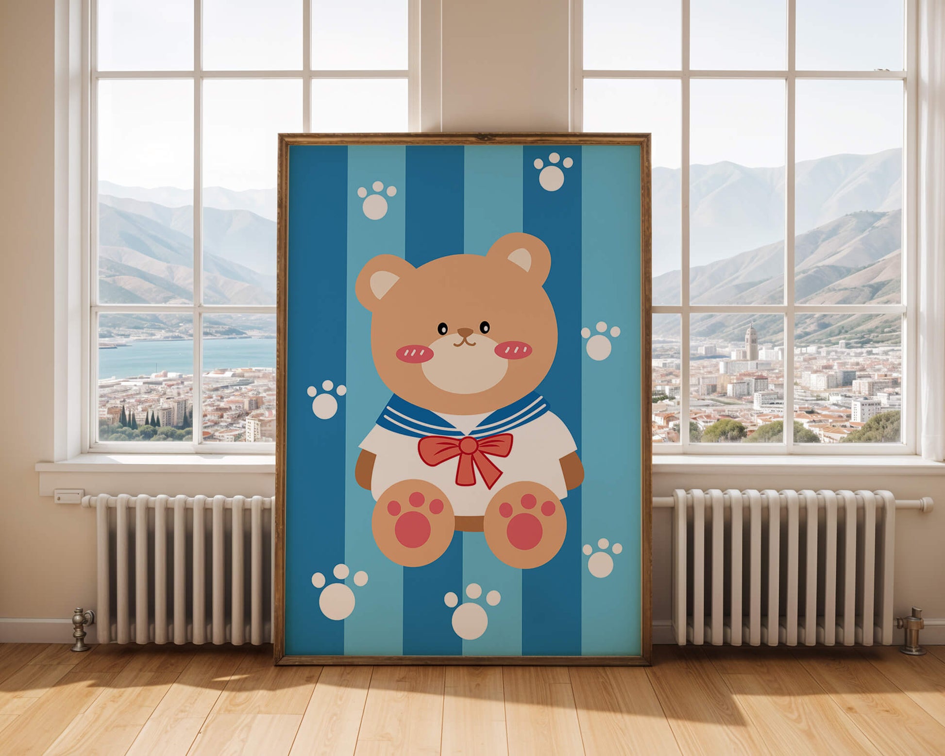 Adorable cartoon bear with sailor suit against striped background