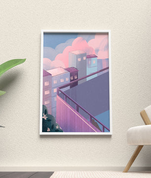 Urban Pastel Scene with Buildings and Pink Clouds