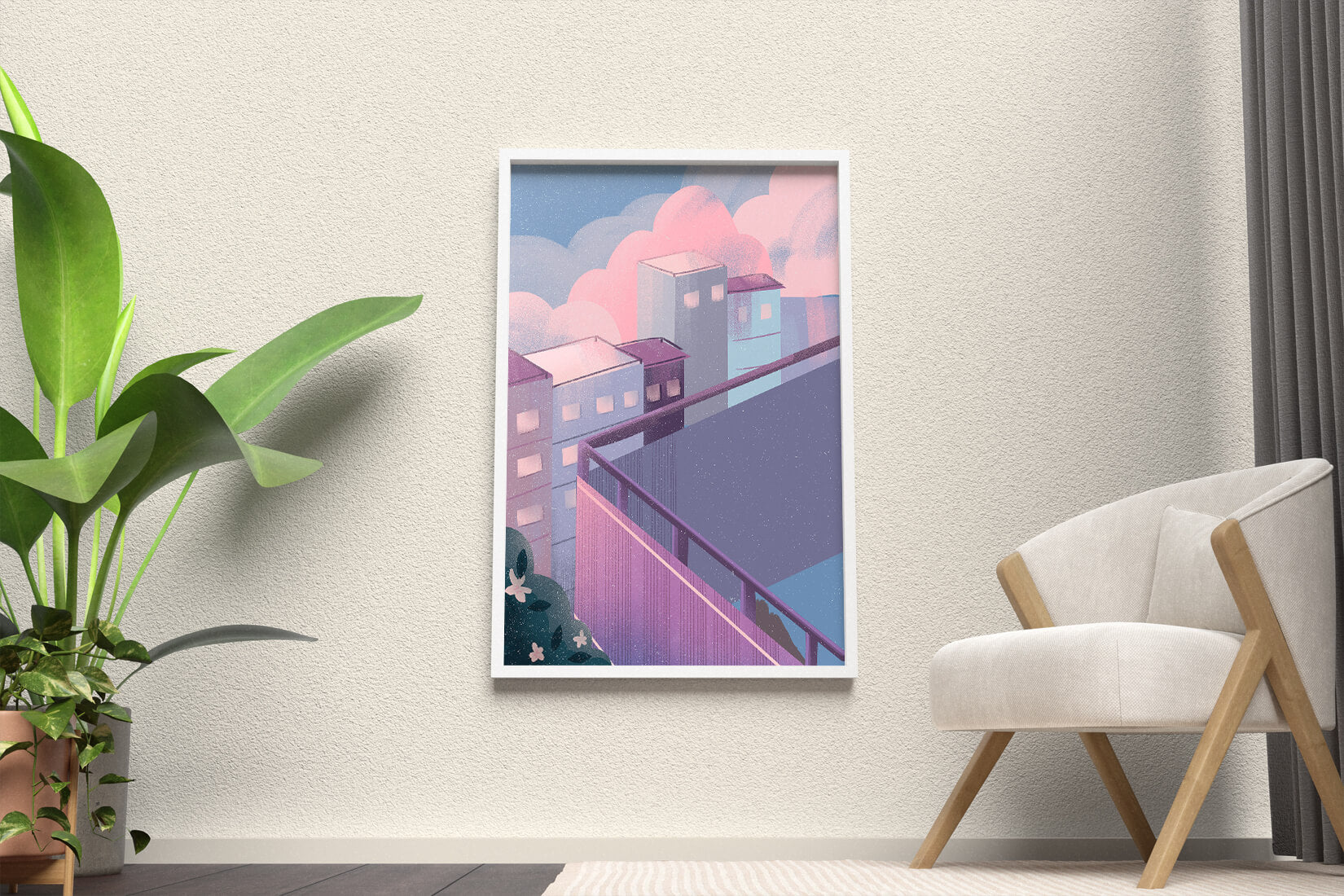 Urban Pastel Scene with Buildings and Pink Clouds