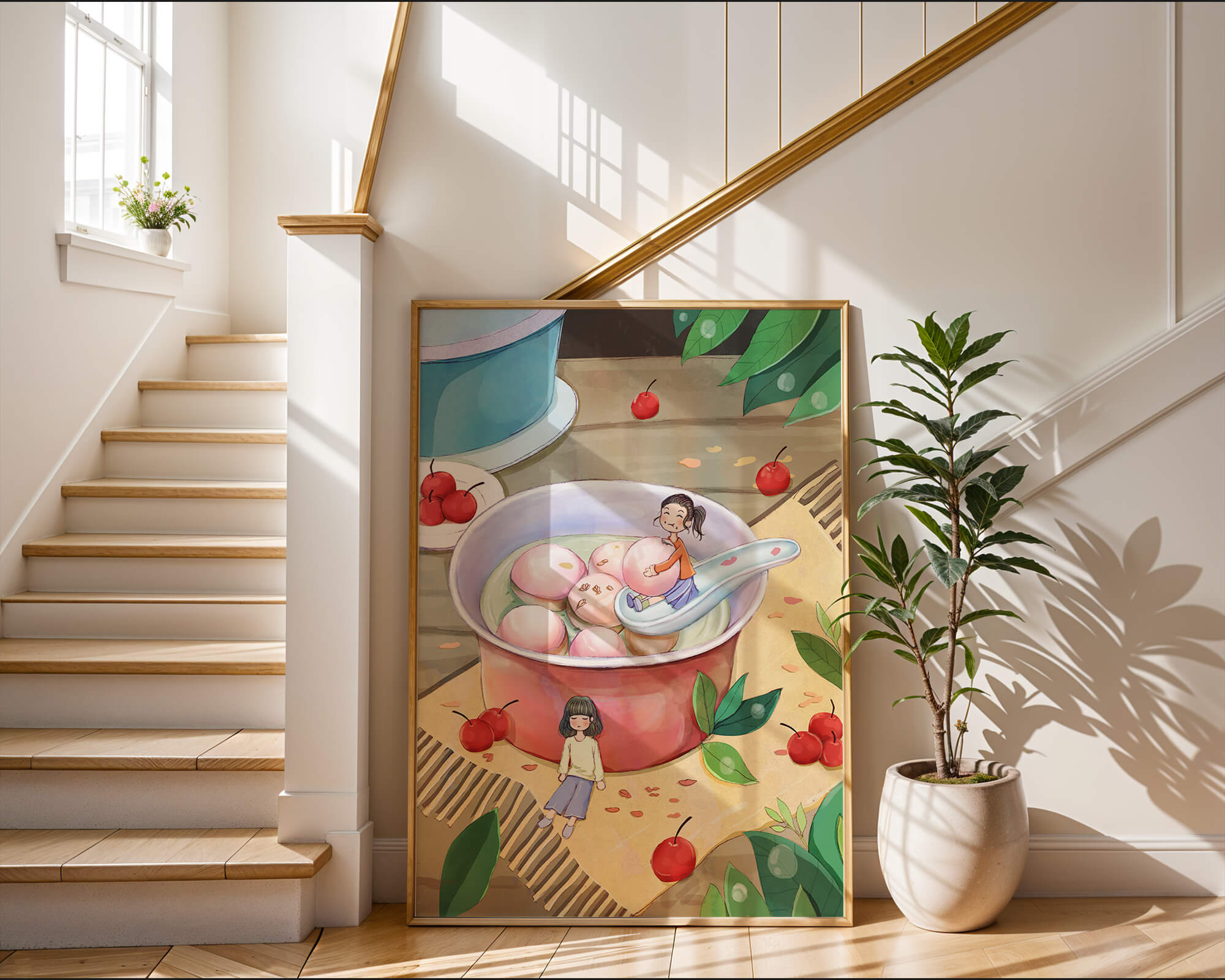 Charming illustration of children with dessert in a whimsical setting
