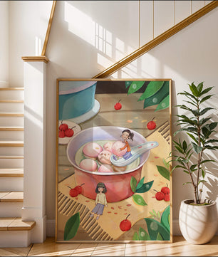 Charming illustration of children with dessert in a whimsical setting