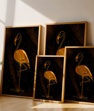 Elegant golden flamingo on abstract dark background