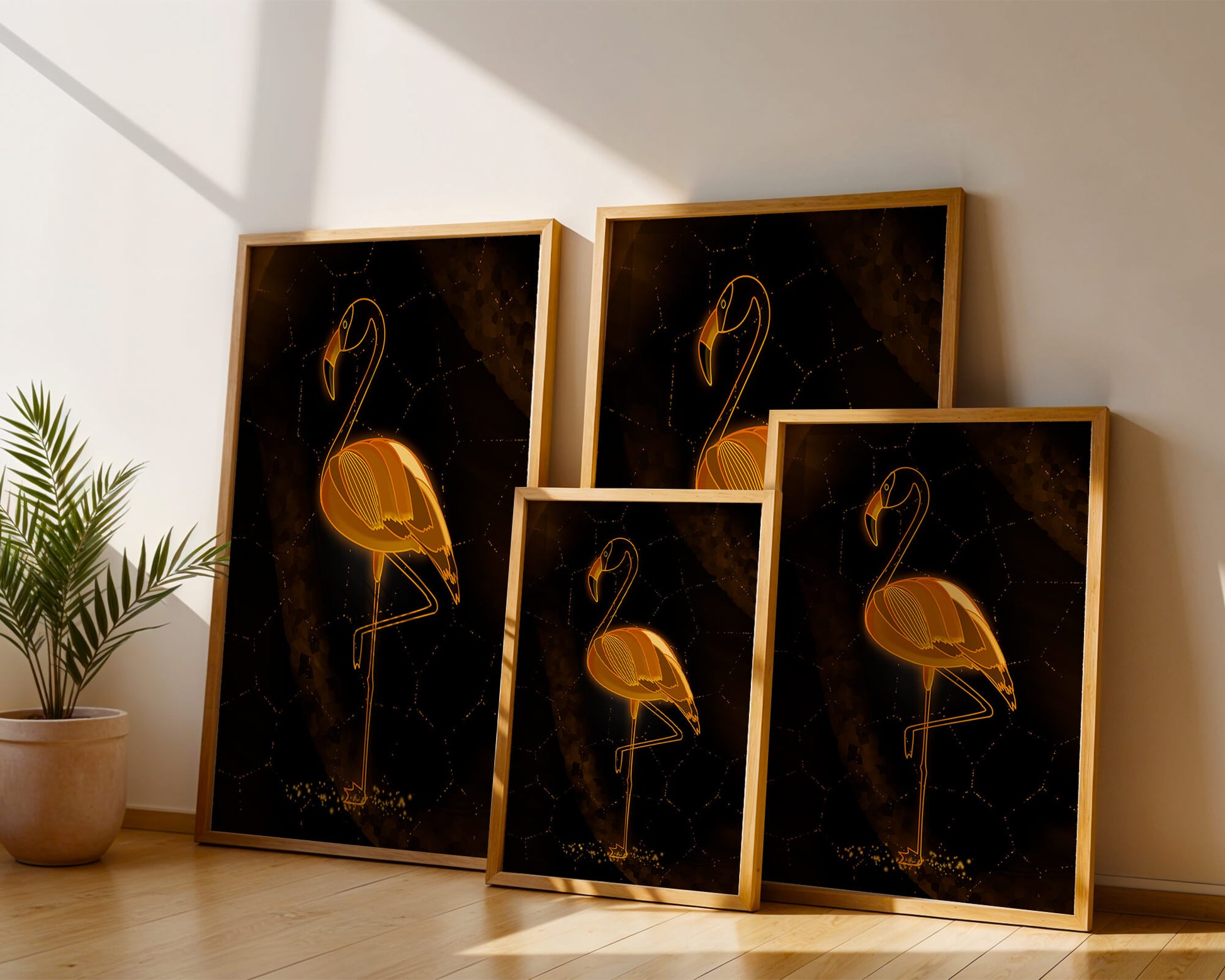 Elegant golden flamingo on abstract dark background