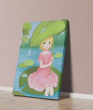 Whimsical Illustration of a Young Girl in a Pink Dress Sitting on a Lily Pad