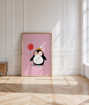 Ilustración adorable de un pingüino con globo y gafas