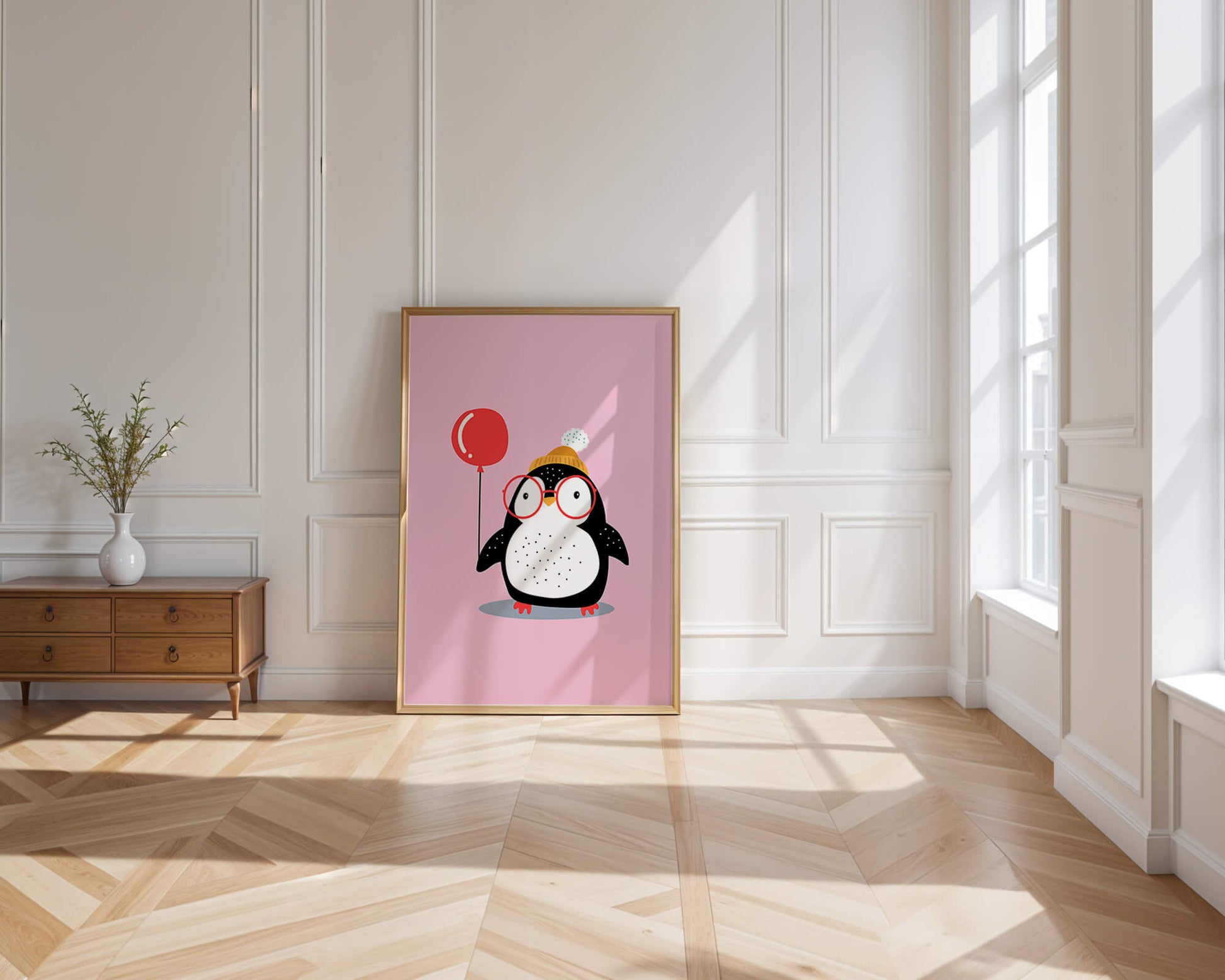 Adorable penguin with balloon and glasses illustration